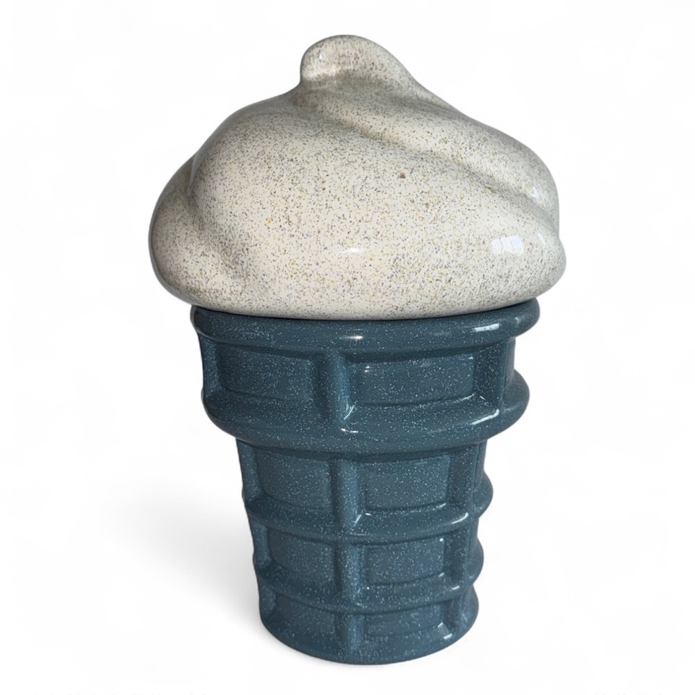 Vintage Ceramic Ice Cream Cone Cookie Jar Cottage Kitsch Decor Blue Cream